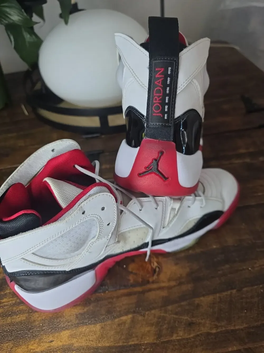 Jordan Jumpman Two Trey sneakers in a white, black, and gym red colorway Size 11